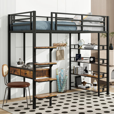 Lit mezzanine simple en métal avec bureau et tablettes de rangement ouvertes, noir