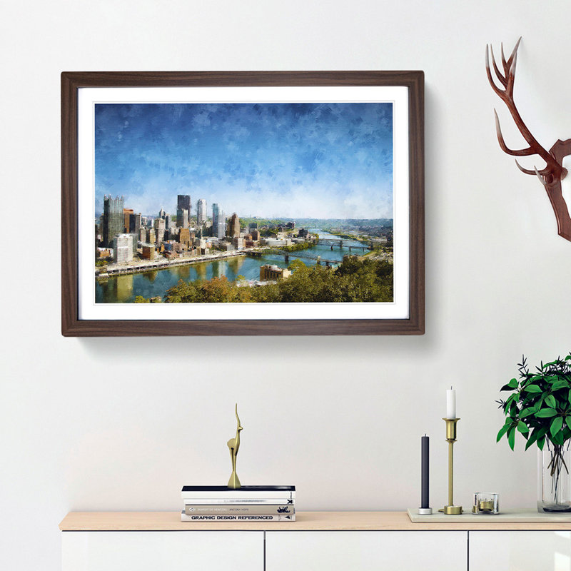 Skyline of Pittsburgh Pennsylvania - Picture Frame Painting Print, 24cm H x 33cm W x 2cm D, Walnut Framed
