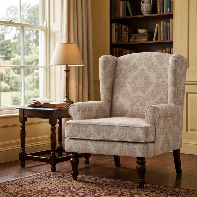 Damiyah Upholstered Wingback Armchair, Brown Floral