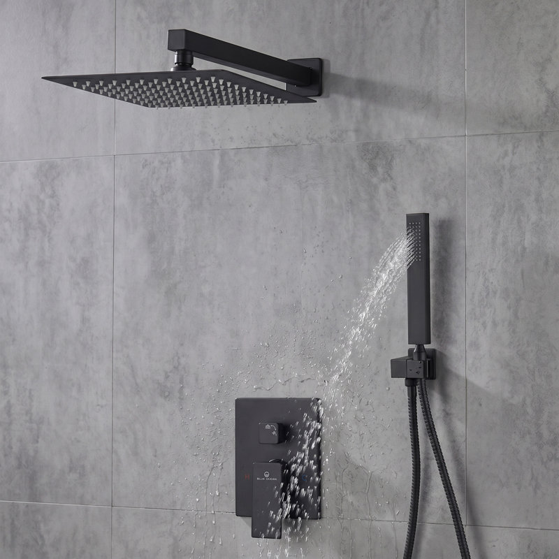 Système de douche à pluie haute pression 10 po, robinet de douche mural avec valve à pression équilibrée, Laiton / noir mat