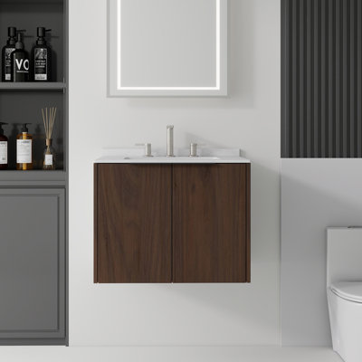 Meuble-lavabo suspendu de 61 cm (24 po) avec lavabo en céramique, 2 portes à fermeture amortie, comptoir et dosseret en marbre reconstitué, armoire en contreplaqué, brun