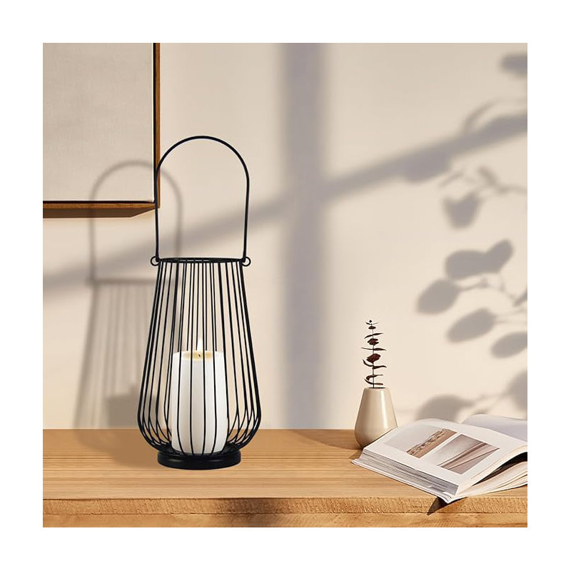 12" Black Metal Wire Candle Holder Lantern, Large