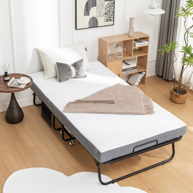 Folding Bed With Mattress, Sportable Foldable Bed With Storage Cover, Srollaway Bed For Adults With Memory Foam Mattress And Metal Frame, Scot Size Guest Bed On Wheels, 75 X 38 Inch (Bed)
