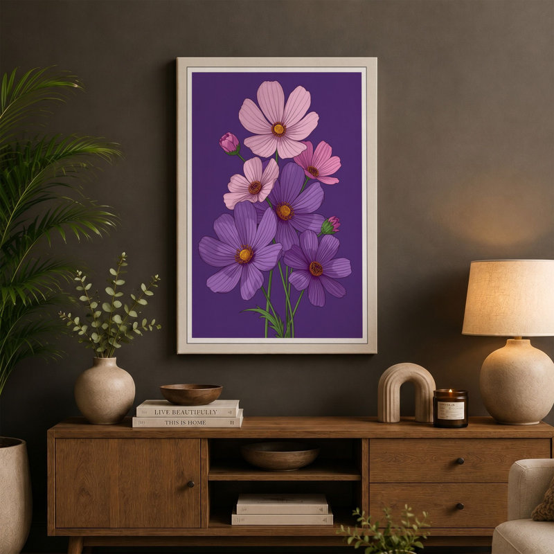 Cosmos Bloom Botanical - Wrapped Canvas, 36x24 - 91.4 x 61.0 cm, Taupe Border