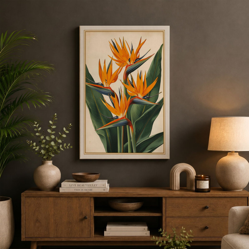 Bird of Paradise Bloom Botanical - Wrapped Canvas, 36x24 - 91.4 x 61.0 cm, Teal Border
