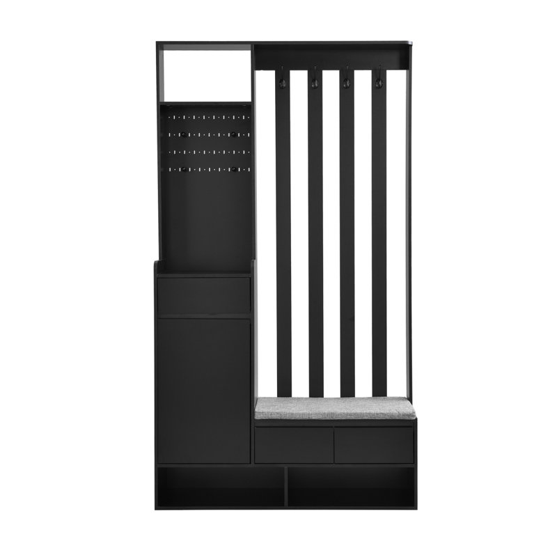 Contemporain l 39,3 po x H 70,8 po avec banc de rangement rembourré, armoire à chaussures multifonctionnelle avec panneau perforé, portemanteau avec entrée à 4 crochets, vestibule,