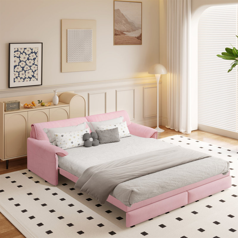66" Queen Pull Out Sofa Bed, 3-in-1 Convertible Sleeper Sofa Multi-Functional Velvet Loveseat Bed, Pink