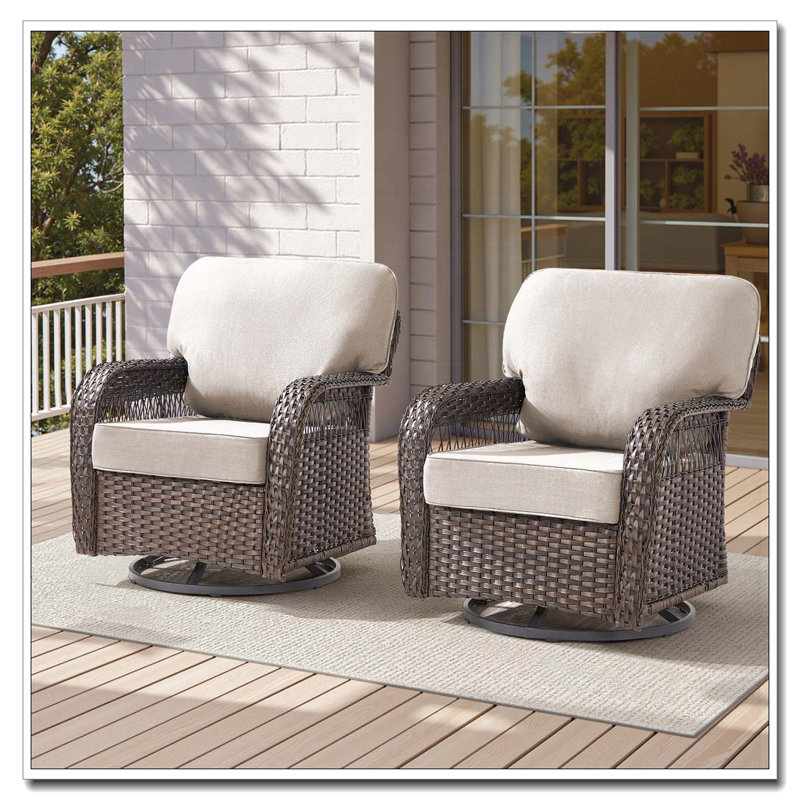 Ensemble de 2 chaises berçantes pivotantes d'extérieur avec coussins de dossier en forme de T, Beige