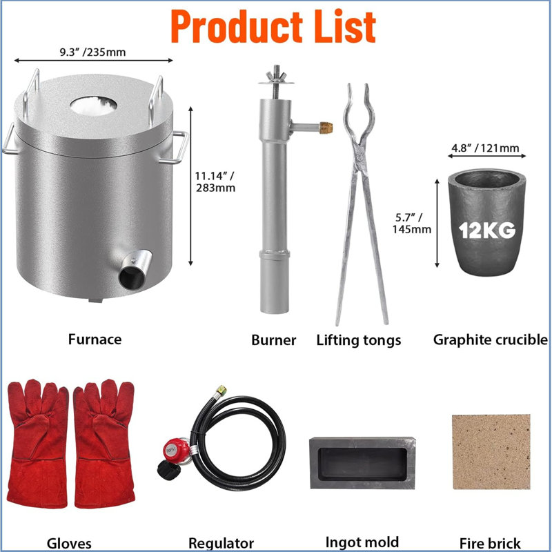 Propane Melting Furnace Kit 12kg Smelting Furnace Kit 1482°c/2700°f With Crucibles & Tongs Kiln,stainless Steel Smelter For Metal Scrap Recycle,gold Copper Silver Aluminum Metal Casting Machine