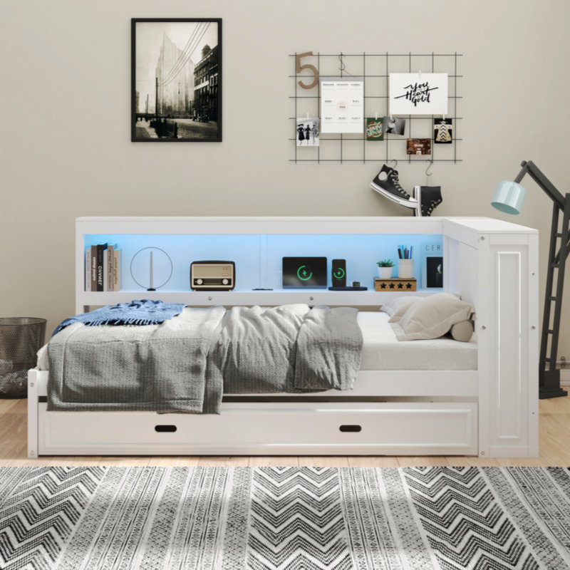 Full Size Wood Svein With Storage Shelves, USB, LED, And Trundle, White