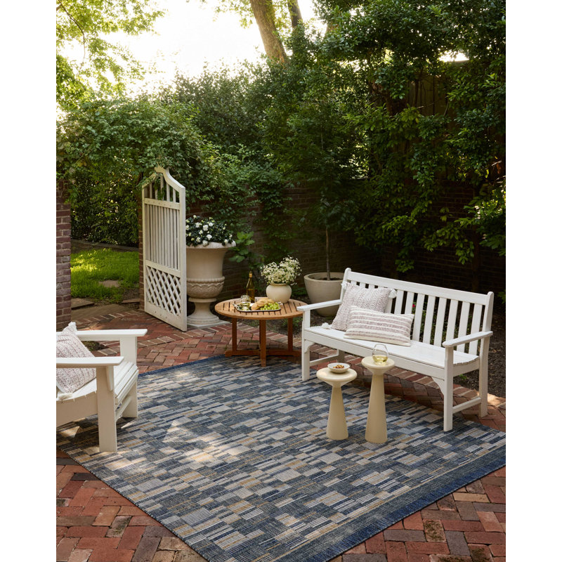 Gracie Oaks Altia Denim / Gold Indoor / Outdoor Area Rug, Rectangle 6'7" x 9'4"