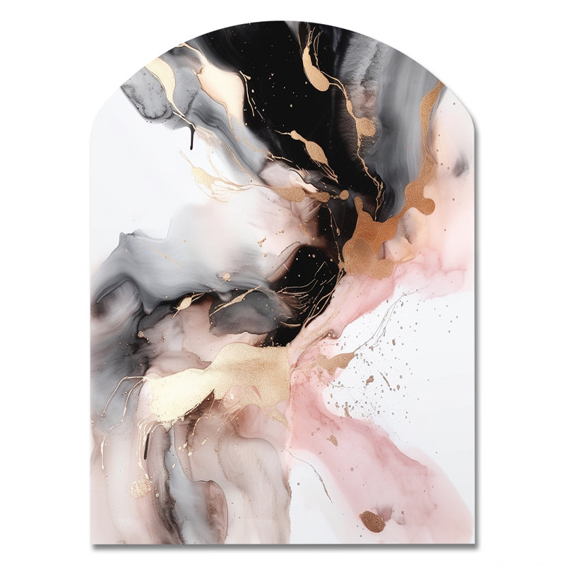 Pink Black Textured Splash Marble I - Arch Abstract Marble Metal Wall Decor, Asymmetrical Metal Wall Sculpture Print