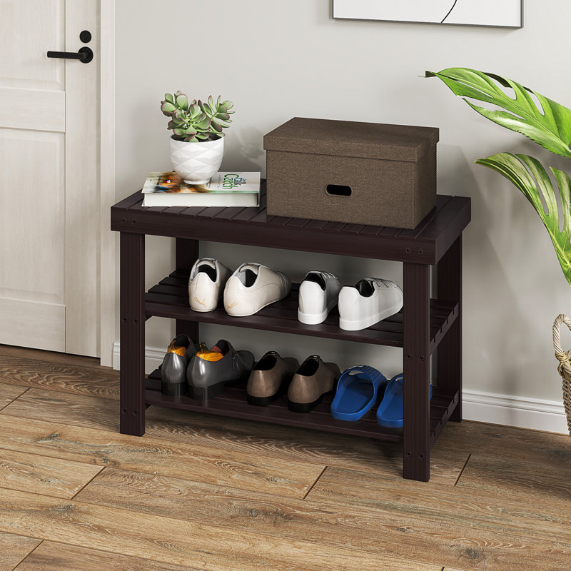 6-9 Pair of Shoes Natural Bamboo Shoe Rack Bench, 3-Tier Multi-Functional Shoe Storage and Bench, Space-Saving Organizer