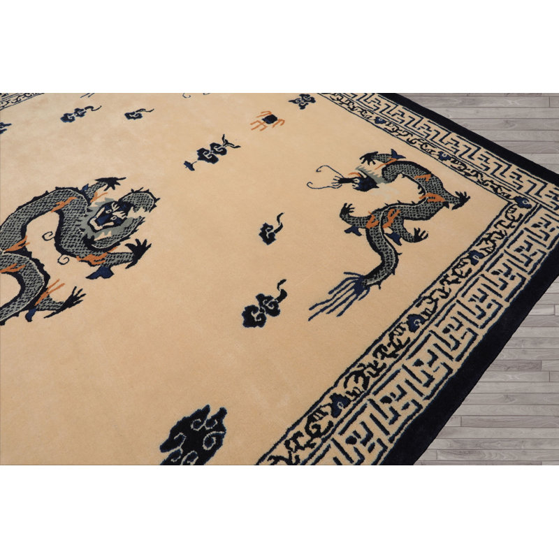 Tapis multicolore touffeté à la main ivoire Dragon Art Déco, Rectangle 9 pi x 12 pi