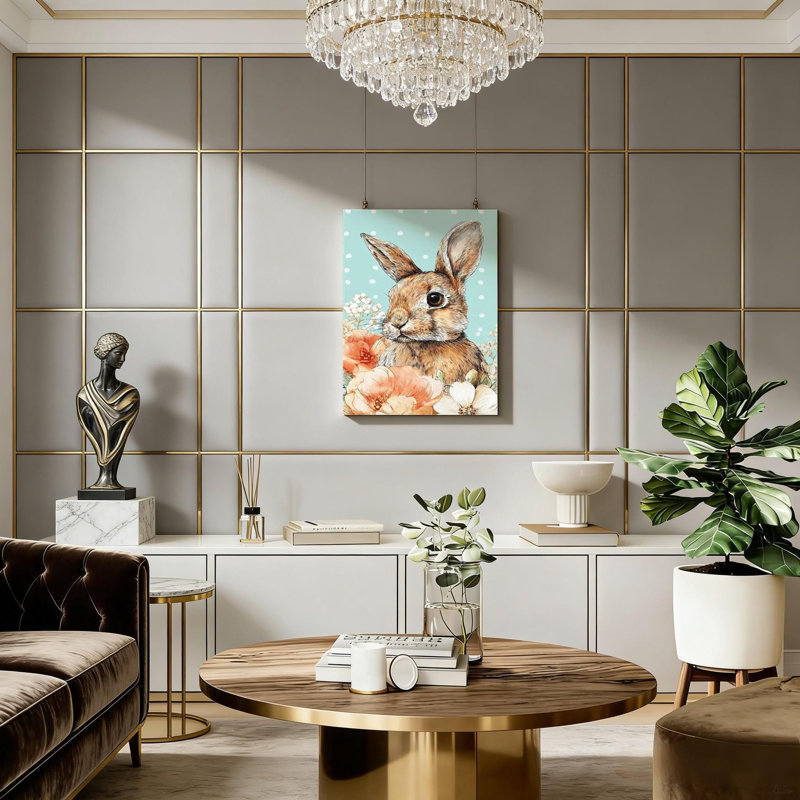 Impression murale sur toile bleue avec joli lapin de Pâques avec fleurs et support en bois massif pour salon, chambre à coucher, appartement
