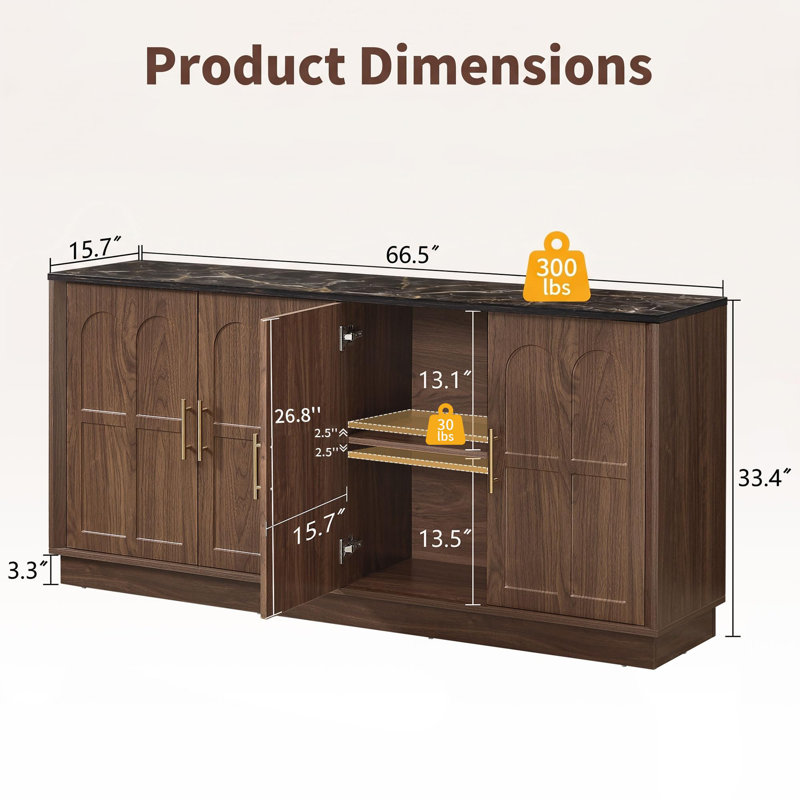 66.5" Modern Sideboard Buffet with Arched Doors for Dining & Living Room, Walnut/Black Marble