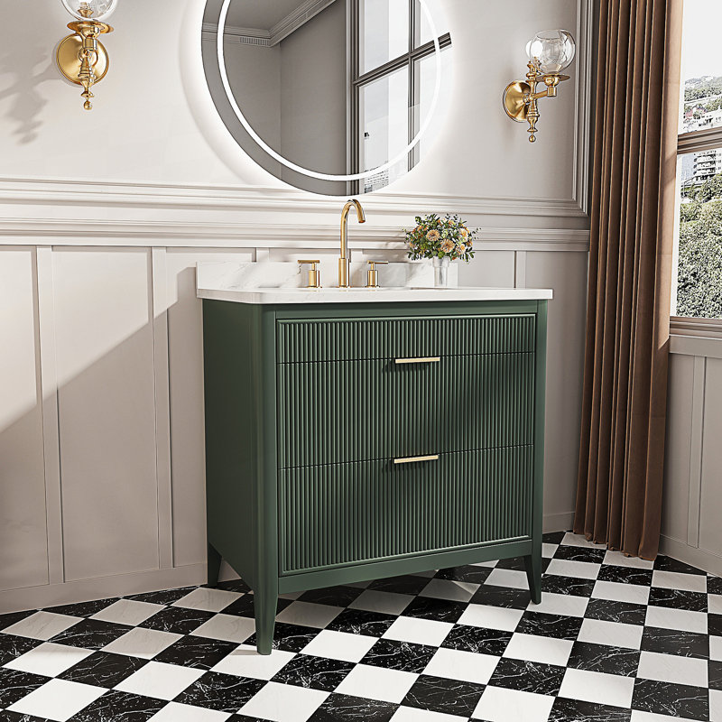 Meuble-lavabo autoportant moderne avec plateau en marbre et tiroir, Vert, 36"
