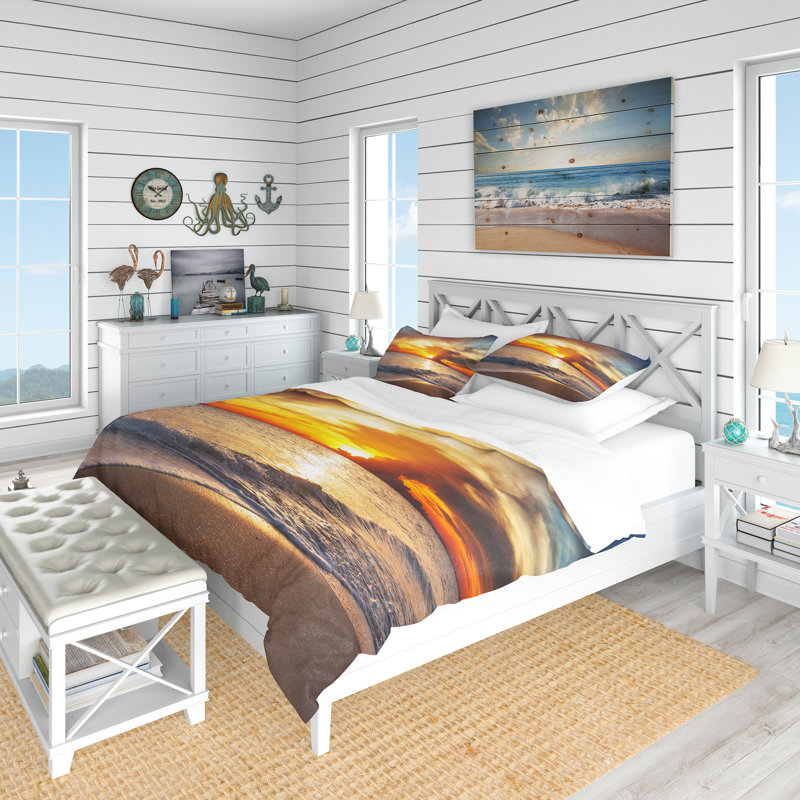 Vintage Beige and Blue Microfiber Coastal Duvet Cover Set