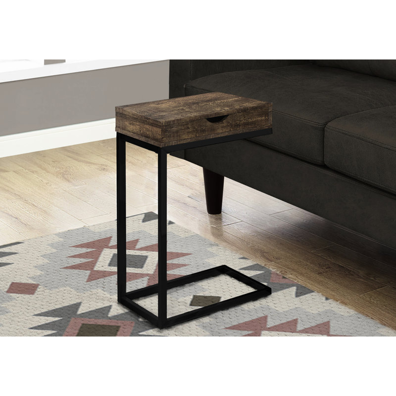 Table d'appoint de salon avec rangement pour dessous de verre, cadre en stratifié brun et base en métal noir pour chambre à coucher