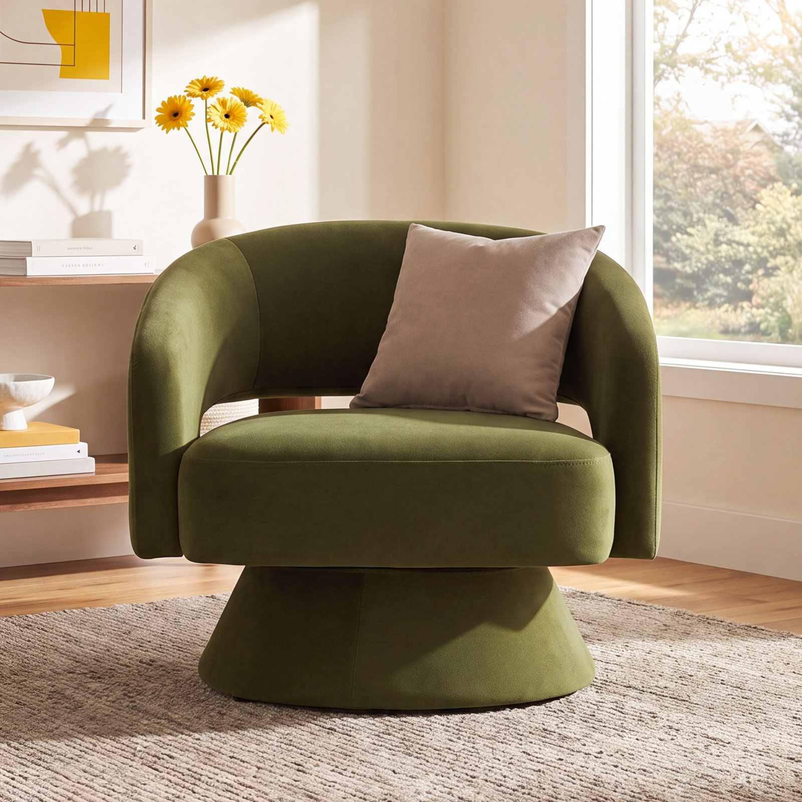 Bhupendra Swivel Barrel Chair, Green Velvet