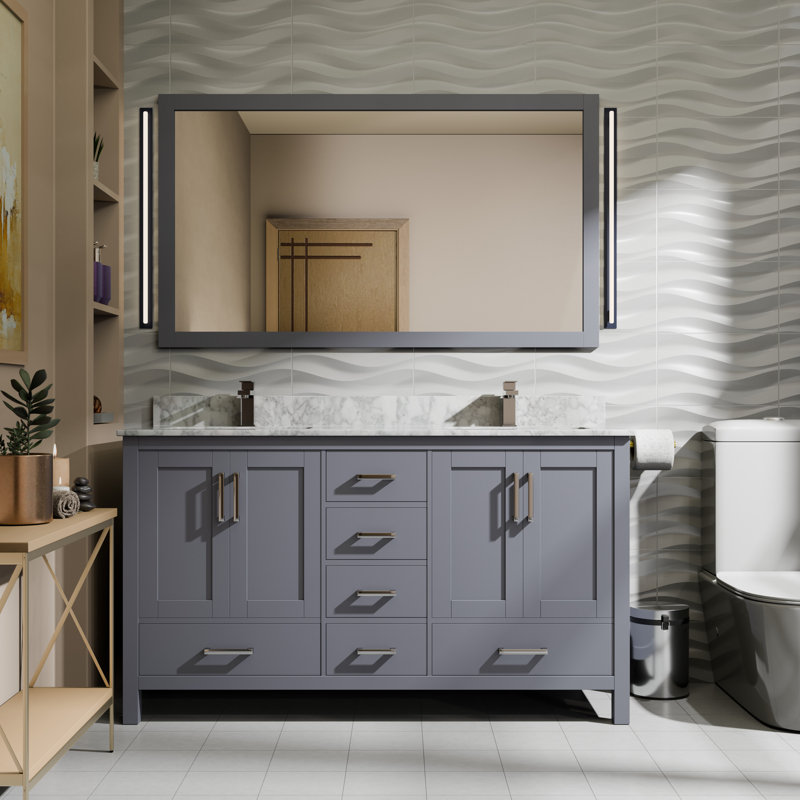 Jacques 60 in. W x 22 in. D Double Bath Vanity, and 58 in. Mirror, Dark Gray, White Carrara Marble