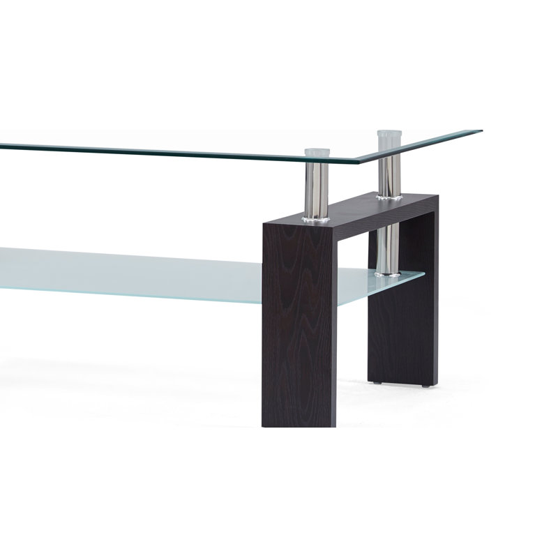 Table basse avec plateau en verre et bois, Blanc, Transparent, 17.7" H x 39.37" L x 23.62" W