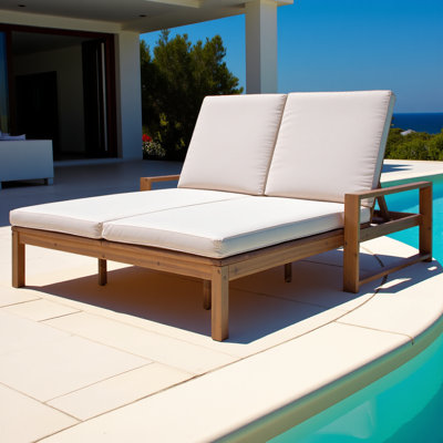 Méridienne double d'extérieur avec dossier réglable à 5 positions pour chaque siège, chaise longue de patio en bois avec coussins amovibles pour patio, bord de piscine, jardin (teck clair + coussin beige)