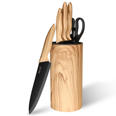 Ensemble de couteaux de cuisine 6 pièces Hecef avec bloc universel aspect bois d'olivier - Lames en acier inoxydable, poignées ergonomiques antidérapantes, cisailles