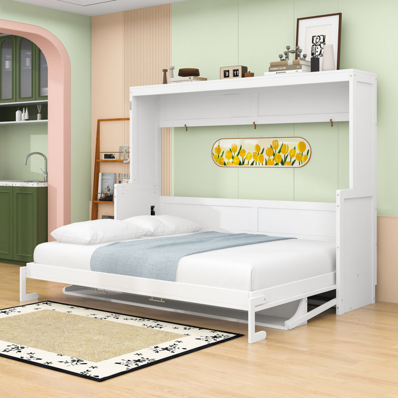 Lit escamotable en bois avec bureau pliant et rangement intégré pour les petits espaces, Grand lit, Blanc