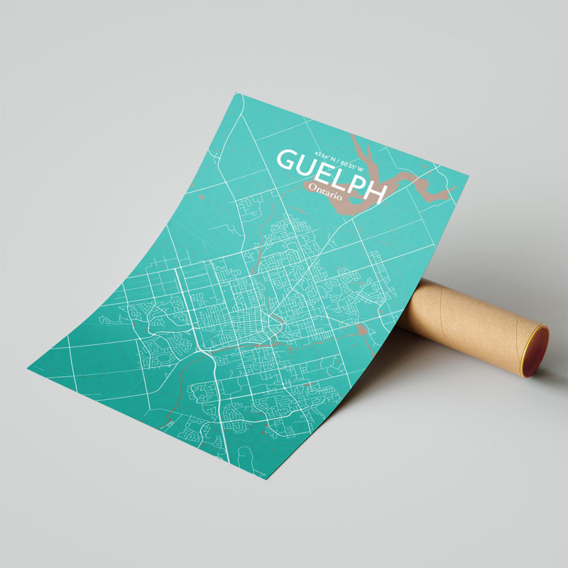 Guelph City Map, impression, H 17 po x l 11 po, Vert / brun