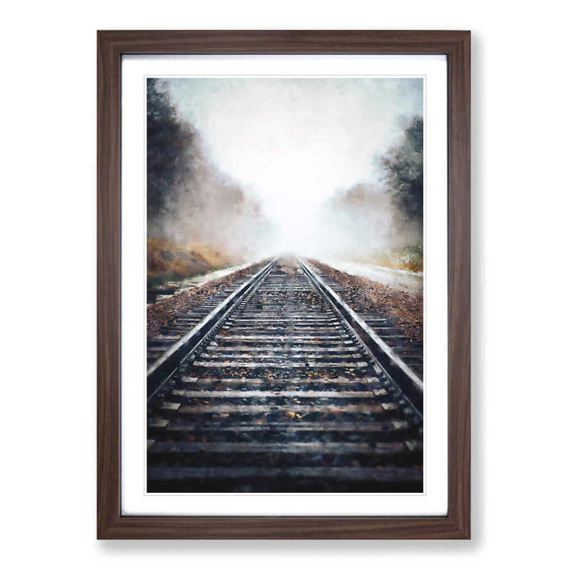 Train Tracks in the Mist - Picture Frame Painting Print, 87cm H x 62cm W x 2cm D, Walnut Framed