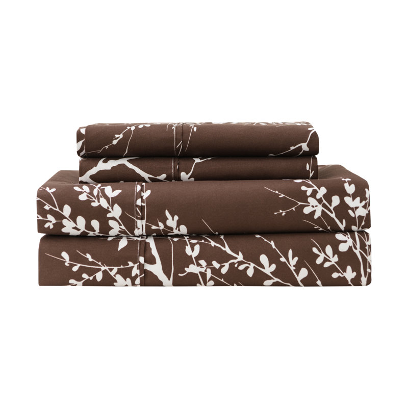 Ensemble de draps en microfibre Foliage, Chocolat / Ivoire, Drap pour taille de lit double avec drap-housse et