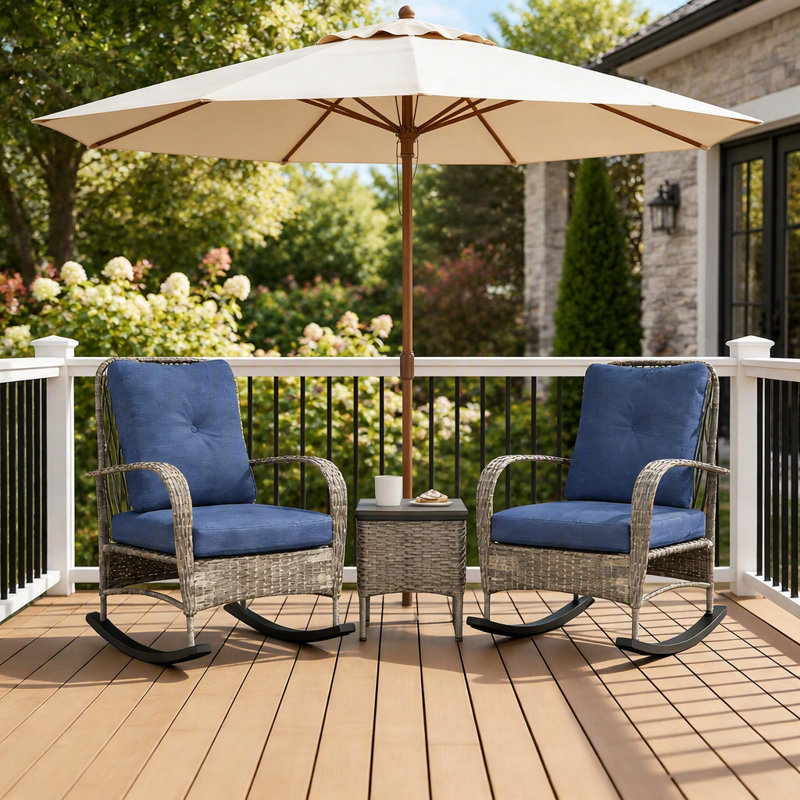 Ensemble de balcon, 3 pièces de mobilier de patio en osier, Light Blue Cushion/Grey Frame