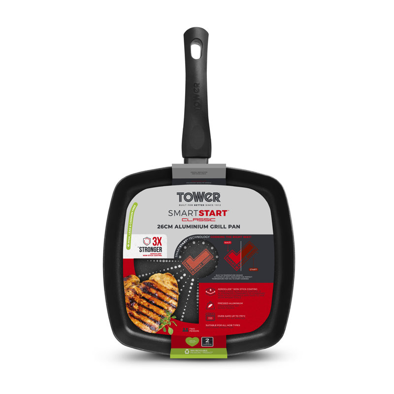 Tower T700307 SmartStart Classic 26cm Aluminium Grill Pan with Easy Clean Aeroglide Non-Stick, Oven Safe, Long Lasting, PFOA Free, Black