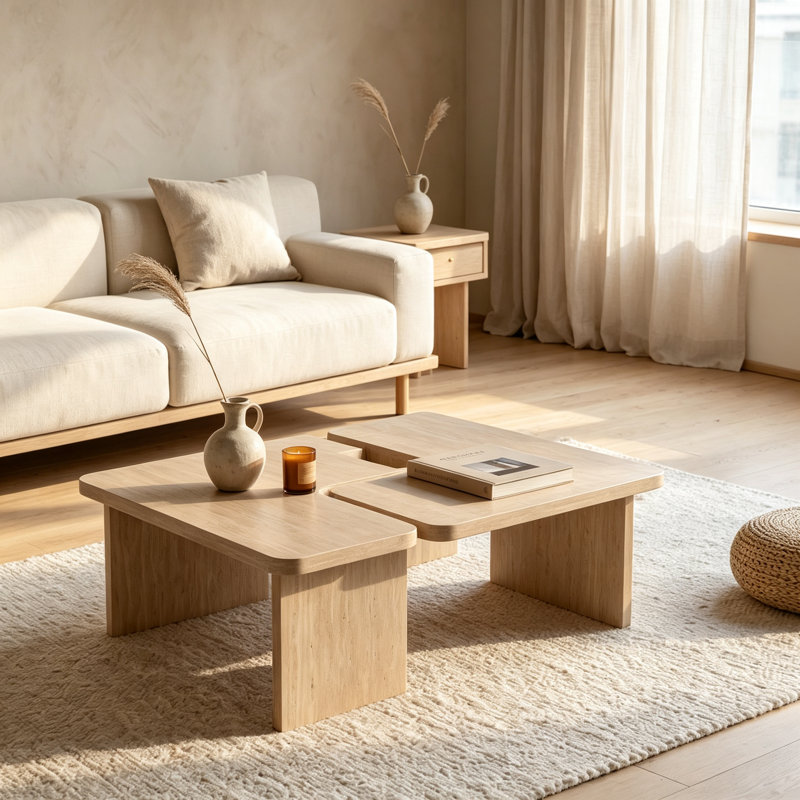 Ensemble de 2 tables basses modulables en travertin, ensemble de tables gigognes en forme de L, table d'angle séparable pour petits espaces et salon, beige crème