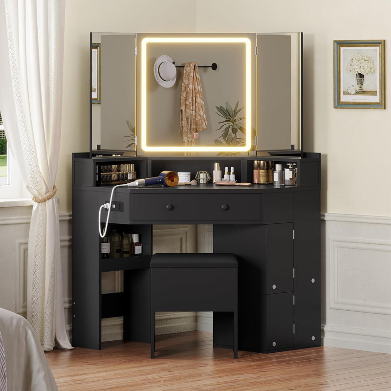 3 - Fold Lighted Makeup Vanity Set with Mirror and Cabinets, Black