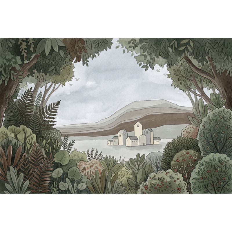Papier peint paysage, botanique, feuillage, aquarelle, illustration, Texturé non collé, 100 po x 96 po