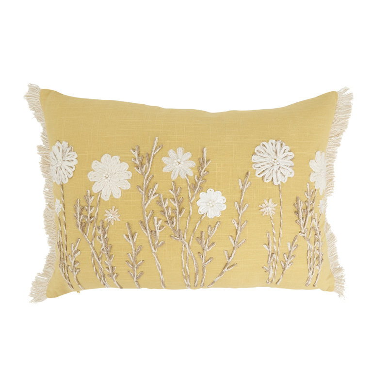 Delicate Embroidered Floral Pillow Cover, Yellow, Duck Down