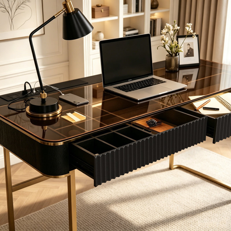 Winningham Rectangle Writing Desk, Black/Gold, 29.5" H x 50" W x 23" D