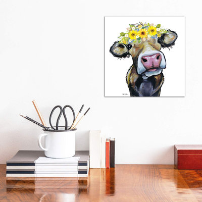 Hazel The Cow With Sunflower Flower Crown - Wrapped Canvas Painting