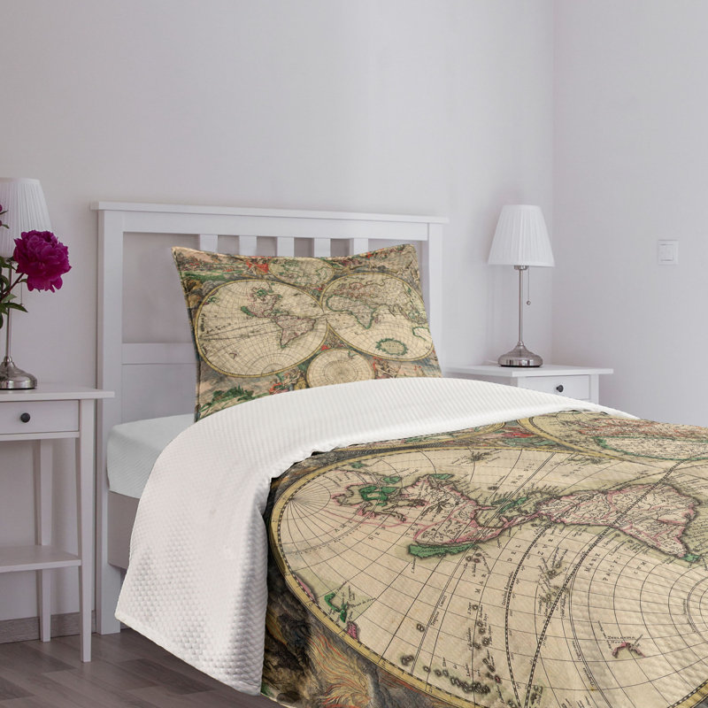 Twin White Quilted World Map Bedspread Set