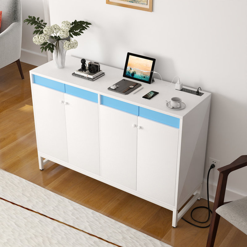 Storage Cabinet With LED Light And Power Outlet, White