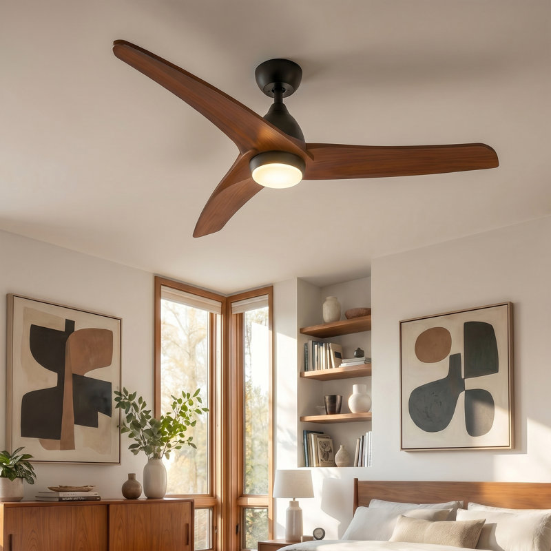Ventilateur de plafond brun avec pales en bois massif, lumière DEL et télécommande