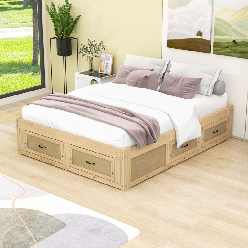 Lit plateforme avec 6 tiroirs, Naturel antique, Grand