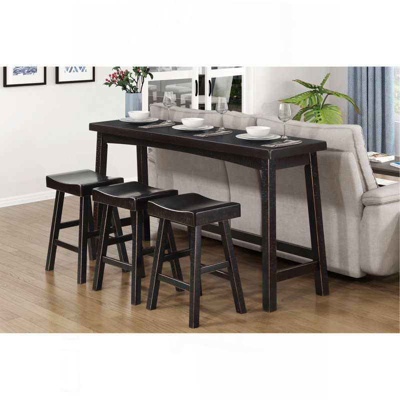 Transitional 4-Piece Counter Height Set, Table And Counter Height Stools Black Finish Solid Rubberwood Furniture, Black/Black