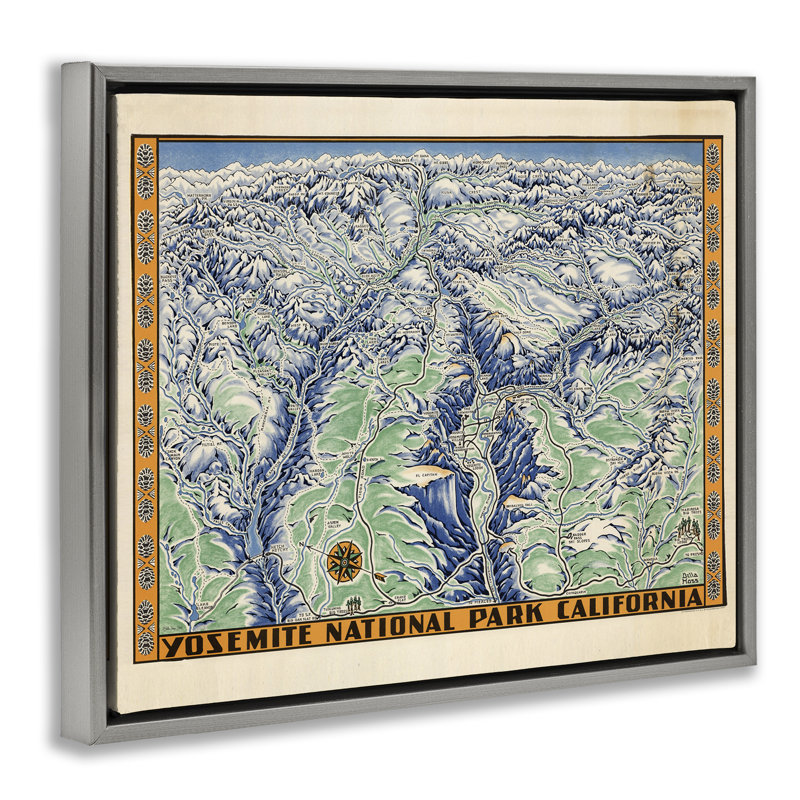 Art mural rétro sur toile flottante Yosemite Map par Stellar Design Studio, H 25 po x l 31 po, Cadre flottant gris lustré