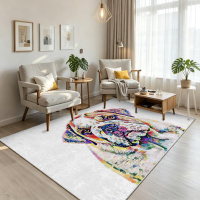 Blue Machine Washable,Abstract Bulldog Art American Animal Breed Dog Color Colorful Indoor Area Rug