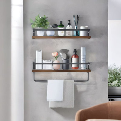 Allonah Industrial 2PC Tier Wooden Floating Shelves with Hanging Rail