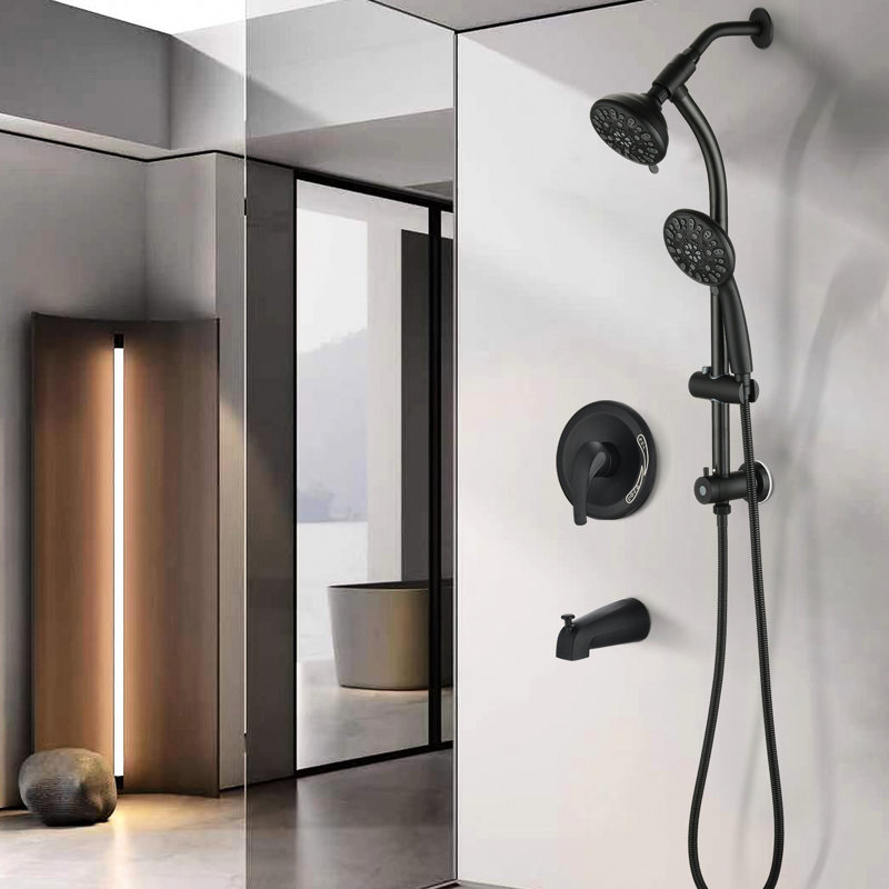 Shower System With Drill- Stainless Steel Rod, Dual Heads, Matte Black, 7 Settings, 1.8 Gpm Flow Rate Steel, 7-setting Flow, To Discoloration