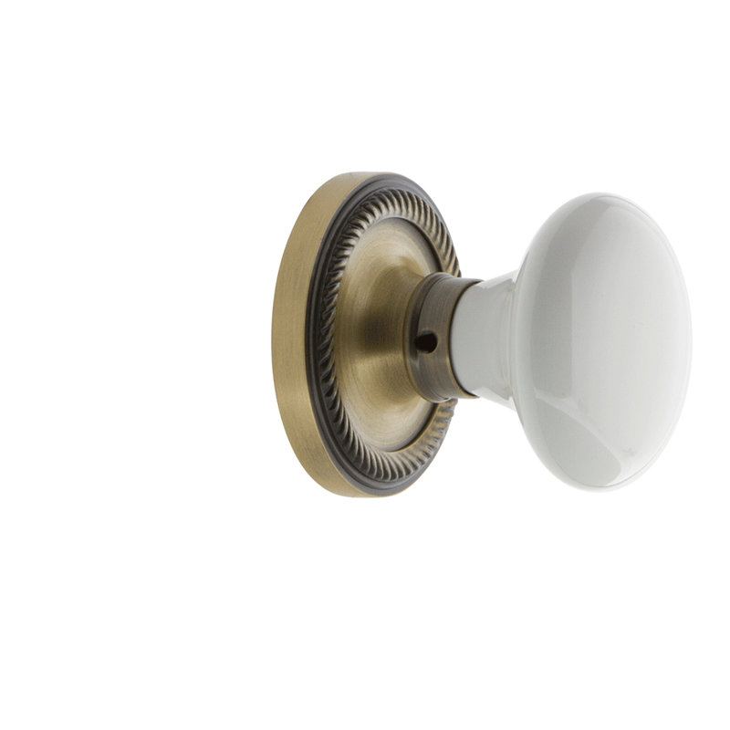 Rope Rosette with White Porcelain Door Knob, Antique Brass